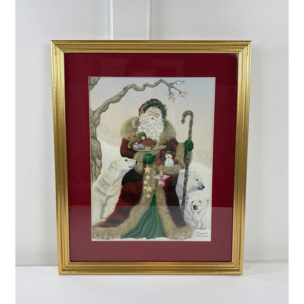 Vintage 1995 Margaret Cobane Christmas Santa Polar Bears Framed Art Print 22x18